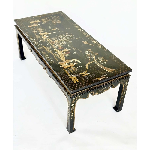 121 - LOW TABLE, early 20th century rectangular lacquered and gilt polychrome chinoiserie hand painted wit... 