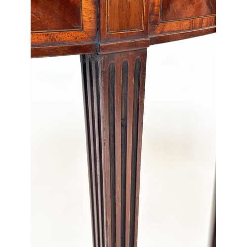 122 - TEA TABLE, George III period flame mahogany and tulipwood crossbanded demilune foldover with fluted ... 