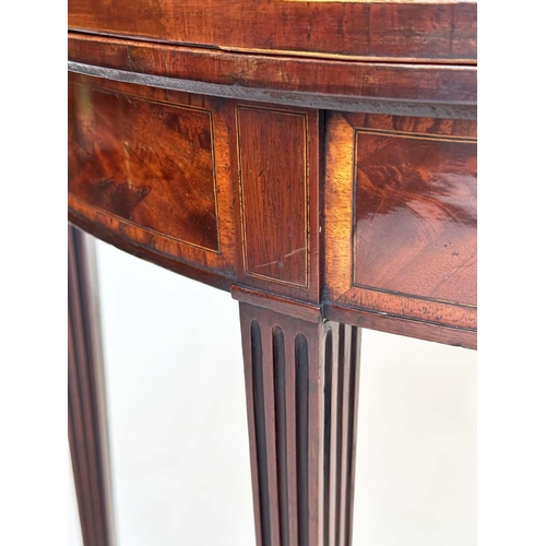 122 - TEA TABLE, George III period flame mahogany and tulipwood crossbanded demilune foldover with fluted ... 