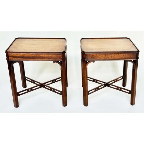 123 - LAMP TABLES, a pair, George III design mahogany each with canted corners and pierced 'X' stretchers,... 