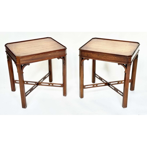 123 - LAMP TABLES, a pair, George III design mahogany each with canted corners and pierced 'X' stretchers,... 