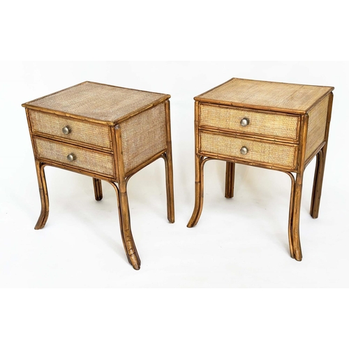 124 - BAMBOO LAMP TABLES, a pair, vintage rattan framed wicker panelled and cane bound each with two drawe... 