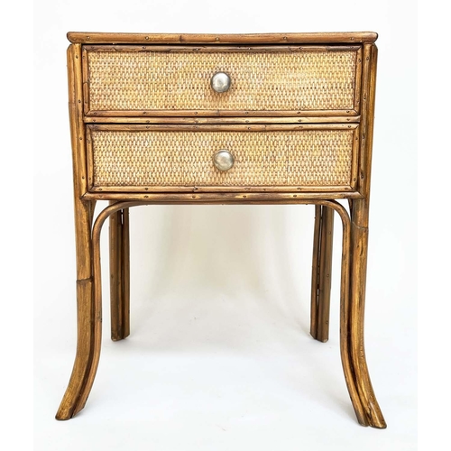 124 - BAMBOO LAMP TABLES, a pair, vintage rattan framed wicker panelled and cane bound each with two drawe... 