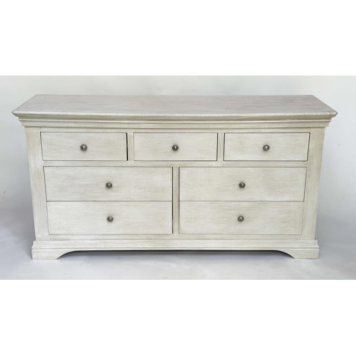 126 - LOW CHEST, French style traditionally grey painted with seven drawers, 158cm W x 44cm D x 78cm H.