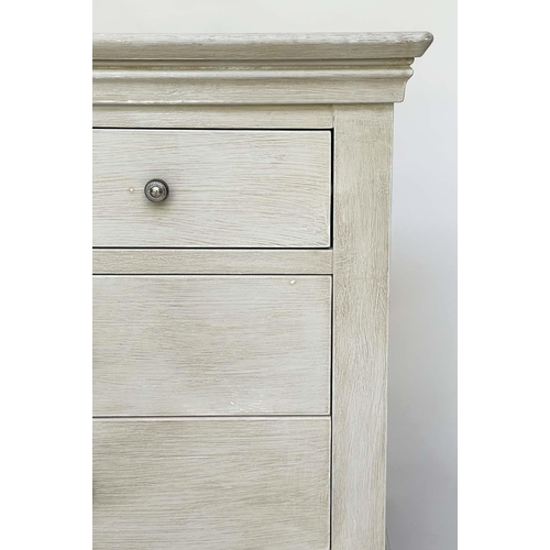 126 - LOW CHEST, French style traditionally grey painted with seven drawers, 158cm W x 44cm D x 78cm H.