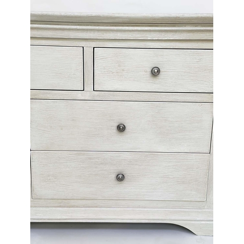 126 - LOW CHEST, French style traditionally grey painted with seven drawers, 158cm W x 44cm D x 78cm H.