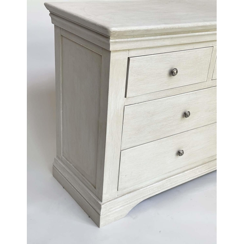 126 - LOW CHEST, French style traditionally grey painted with seven drawers, 158cm W x 44cm D x 78cm H.