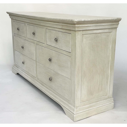 126 - LOW CHEST, French style traditionally grey painted with seven drawers, 158cm W x 44cm D x 78cm H.