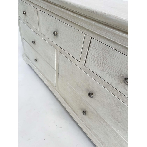 126 - LOW CHEST, French style traditionally grey painted with seven drawers, 158cm W x 44cm D x 78cm H.