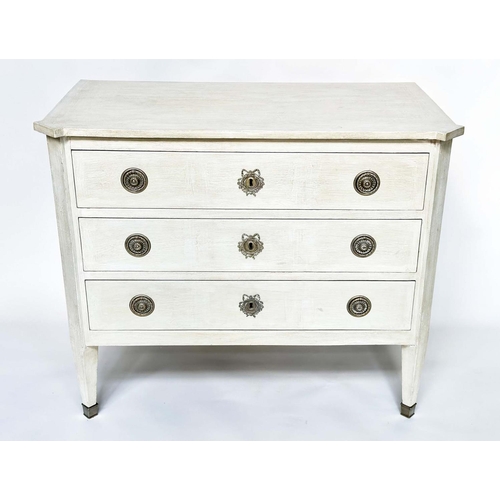 128 - COMMODE, 19th century grey painted and silvered metal mounted with three long drawers, 107cm W x 57c... 