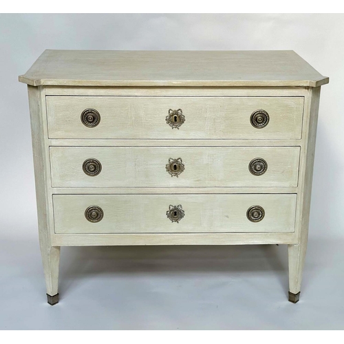 128 - COMMODE, 19th century grey painted and silvered metal mounted with three long drawers, 107cm W x 57c... 