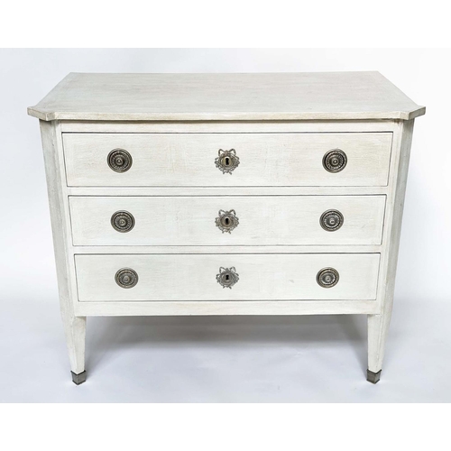 128 - COMMODE, 19th century grey painted and silvered metal mounted with three long drawers, 107cm W x 57c... 