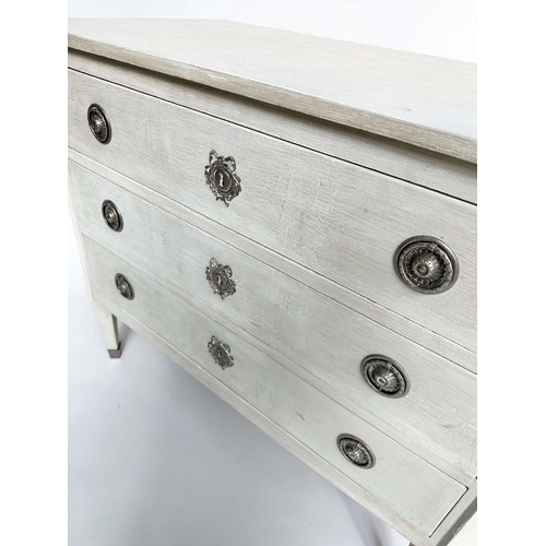 128 - COMMODE, 19th century grey painted and silvered metal mounted with three long drawers, 107cm W x 57c... 