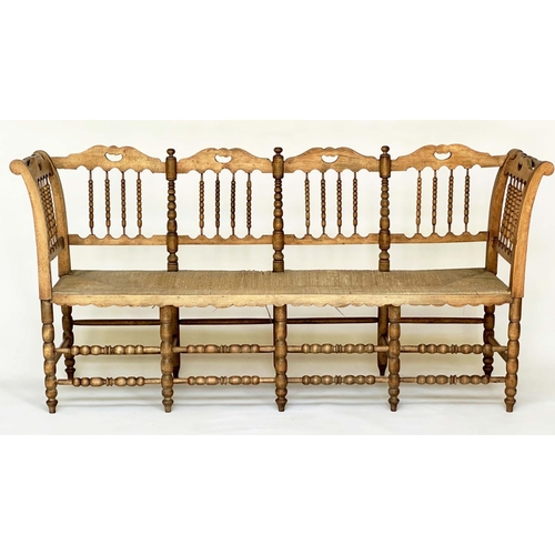 129 - HALL SEAT, 19th century English, William Morris style fruitwood with bobbin turned frame and rush se... 