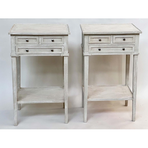 130 - BEDSIDE/LAMP TABLES, a pair, French style grey painted each with three drawers and undertier, 44cm W... 