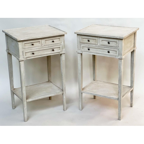 130 - BEDSIDE/LAMP TABLES, a pair, French style grey painted each with three drawers and undertier, 44cm W... 