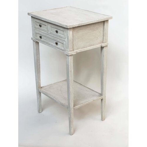 130 - BEDSIDE/LAMP TABLES, a pair, French style grey painted each with three drawers and undertier, 44cm W... 