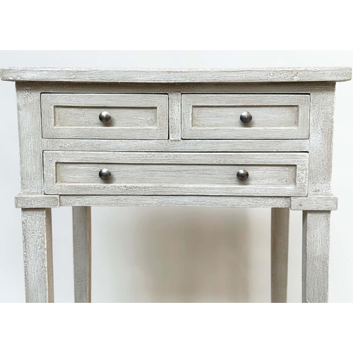 130 - BEDSIDE/LAMP TABLES, a pair, French style grey painted each with three drawers and undertier, 44cm W... 