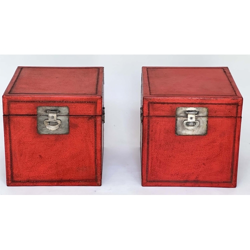 132 - TRUNKS, a pair, Chinese scarlet lacquered and silvered metal mounted each with rising lid, 40cm x 40... 