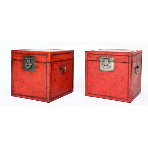 132 - TRUNKS, a pair, Chinese scarlet lacquered and silvered metal mounted each with rising lid, 40cm x 40... 