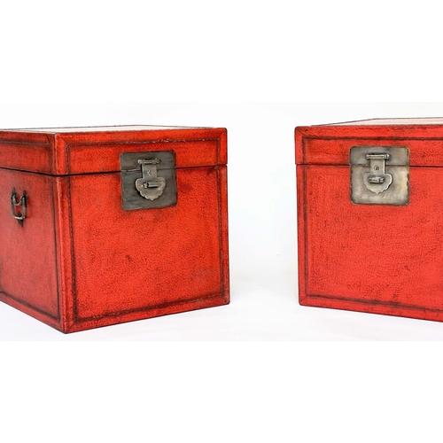 132 - TRUNKS, a pair, Chinese scarlet lacquered and silvered metal mounted each with rising lid, 40cm x 40... 