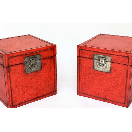 132 - TRUNKS, a pair, Chinese scarlet lacquered and silvered metal mounted each with rising lid, 40cm x 40... 