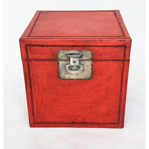 132 - TRUNKS, a pair, Chinese scarlet lacquered and silvered metal mounted each with rising lid, 40cm x 40... 