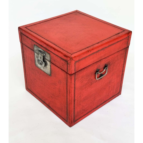 132 - TRUNKS, a pair, Chinese scarlet lacquered and silvered metal mounted each with rising lid, 40cm x 40... 