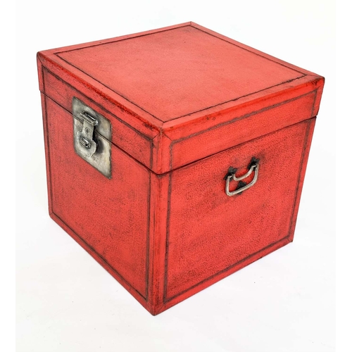 132 - TRUNKS, a pair, Chinese scarlet lacquered and silvered metal mounted each with rising lid, 40cm x 40... 