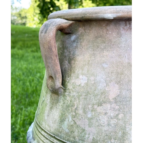 133 - GARDEN OLIVE JAR, well weathered vintage terracotta of oviform with loop handles, incised and moulde... 