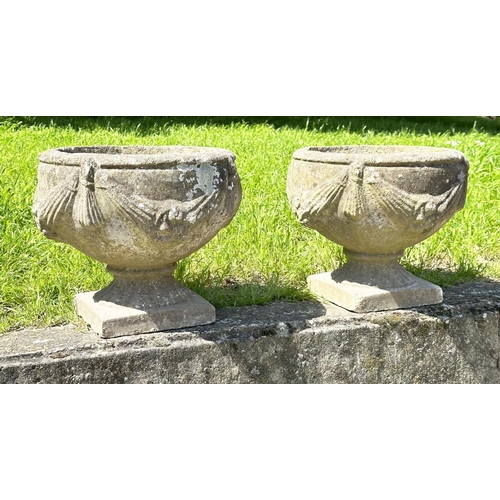 134 - GARDEN URNS/PLANTERS, a pair, well weathered reconstituted stone of urn form with swag decoration, 3... 