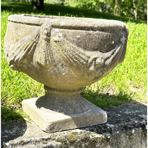 134 - GARDEN URNS/PLANTERS, a pair, well weathered reconstituted stone of urn form with swag decoration, 3... 