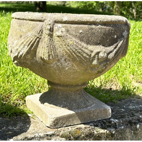 134 - GARDEN URNS/PLANTERS, a pair, well weathered reconstituted stone of urn form with swag decoration, 3... 