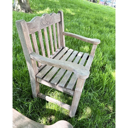 135 - GARDEN ARMCHAIRS BY BRIDGMAN & CO LTD, a pair, well weathered teak with generous seats, slatted back... 