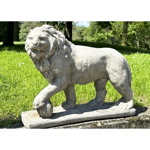 136 - GARDEN LIONS, a pair, weathered reconstituted stone, 58cm H x 70cm W. (2)