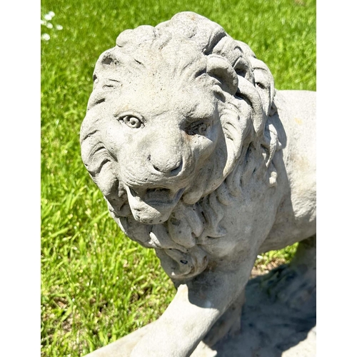 136 - GARDEN LIONS, a pair, weathered reconstituted stone, 58cm H x 70cm W. (2)