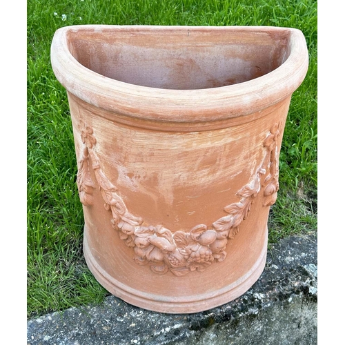 138 - GARDEN PLANTERS, a pair, weathered Tuscan terracotta, D-section with swag decoration, (marks stamped... 