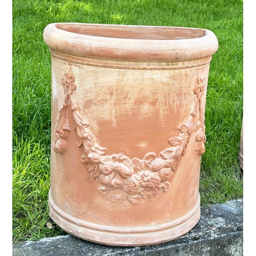 138 - GARDEN PLANTERS, a pair, weathered Tuscan terracotta, D-section with swag decoration, (marks stamped... 