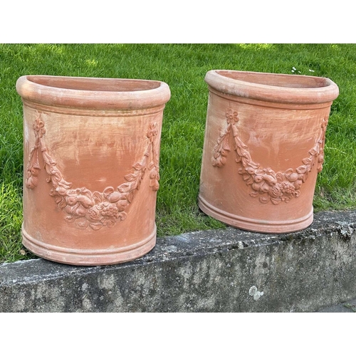 138 - GARDEN PLANTERS, a pair, weathered Tuscan terracotta, D-section with swag decoration, (marks stamped... 