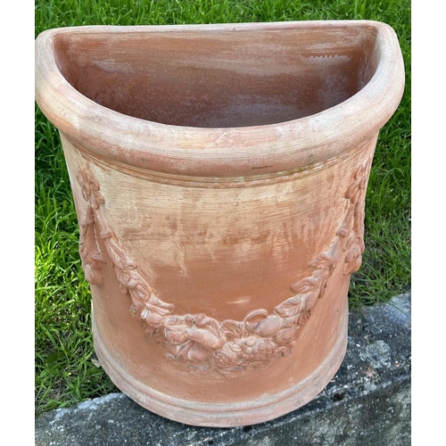 138 - GARDEN PLANTERS, a pair, weathered Tuscan terracotta, D-section with swag decoration, (marks stamped... 