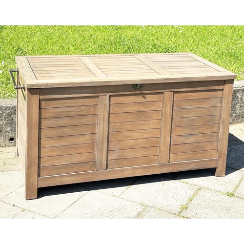 139 - GARDEN STORAGE TRUNK, outdoor weathered teak with hinged lid and side handles, 85vm H x 138cm W x 70... 