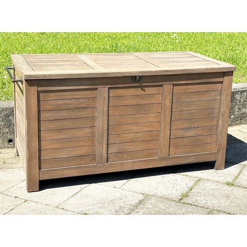 139 - GARDEN STORAGE TRUNK, outdoor weathered teak with hinged lid and side handles, 85vm H x 138cm W x 70... 