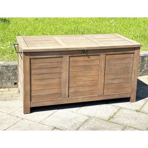 139 - GARDEN STORAGE TRUNK, outdoor weathered teak with hinged lid and side handles, 85vm H x 138cm W x 70... 