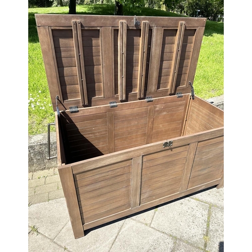 139 - GARDEN STORAGE TRUNK, outdoor weathered teak with hinged lid and side handles, 85vm H x 138cm W x 70... 