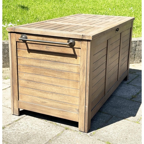 139 - GARDEN STORAGE TRUNK, outdoor weathered teak with hinged lid and side handles, 85vm H x 138cm W x 70... 