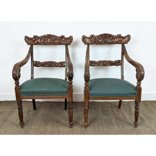 150 - ARMCHAIRS, a pair, mid 19th century mahogany with green stuffover seats, 91cm H x 58cm x 58cm. (2)