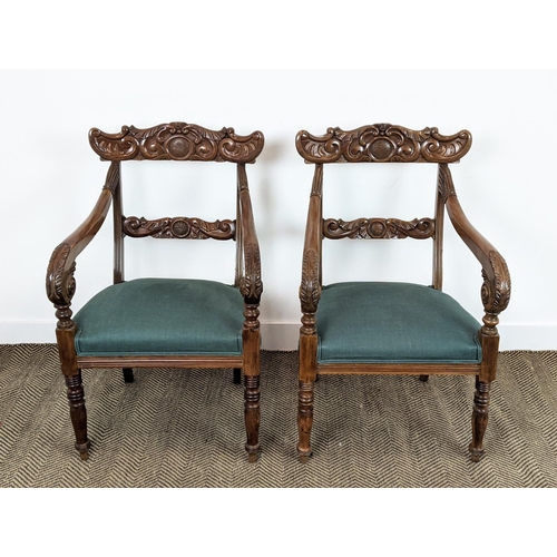 150 - ARMCHAIRS, a pair, mid 19th century mahogany with green stuffover seats, 91cm H x 58cm x 58cm. (2)