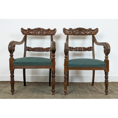 150 - ARMCHAIRS, a pair, mid 19th century mahogany with green stuffover seats, 91cm H x 58cm x 58cm. (2)