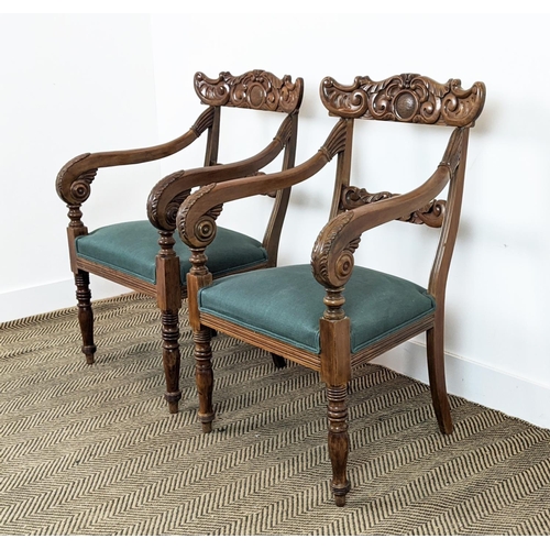 150 - ARMCHAIRS, a pair, mid 19th century mahogany with green stuffover seats, 91cm H x 58cm x 58cm. (2)