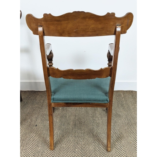 150 - ARMCHAIRS, a pair, mid 19th century mahogany with green stuffover seats, 91cm H x 58cm x 58cm. (2)